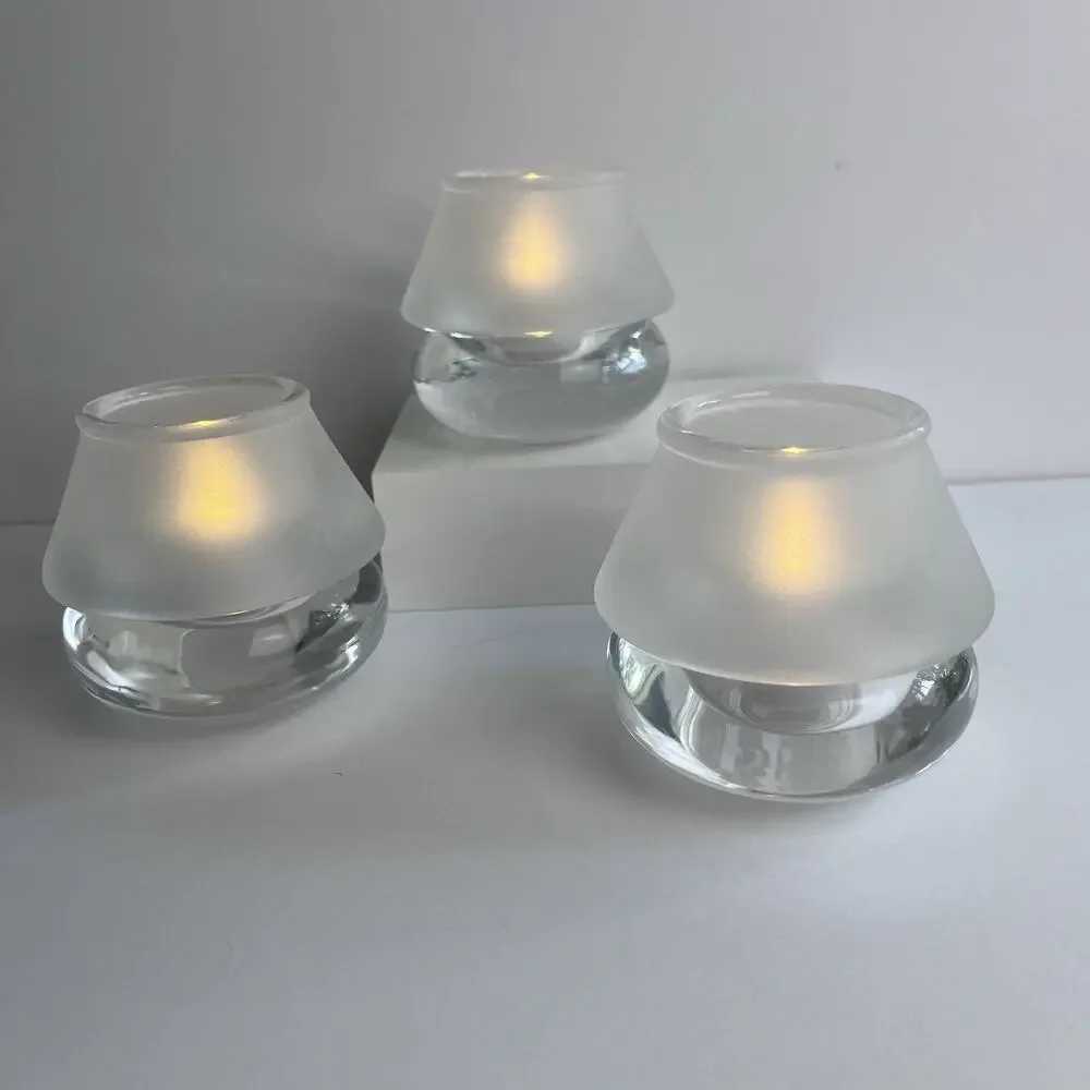 Crate & Barrel Luna Votive Holders Set of 3 Heavy Clear & Frosted Glass Lantern
